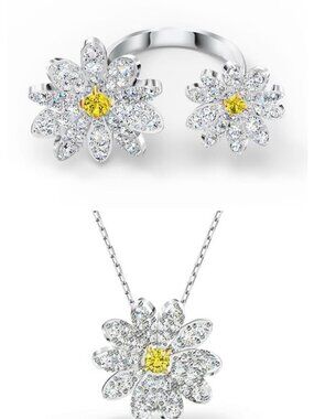 NEW Swarovski Eternal Flower Necklace & Open Ring Set White Yellow Crystal